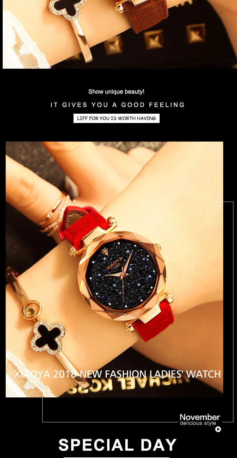 Bebe Kloss Luxury Starry Sky Romantic Leather Rhinestone Designer Ladies Wrist Watch