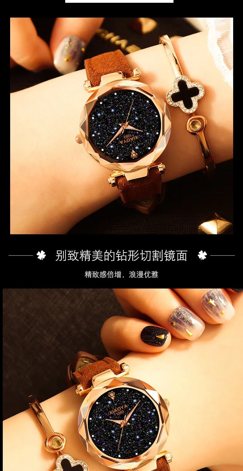 Bebe Kloss Luxury Starry Sky Romantic Leather Rhinestone Designer Ladies Wrist Watch