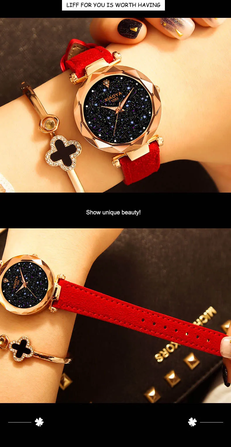 Bebe Kloss Luxury Starry Sky Romantic Leather Rhinestone Designer Ladies Wrist Watch