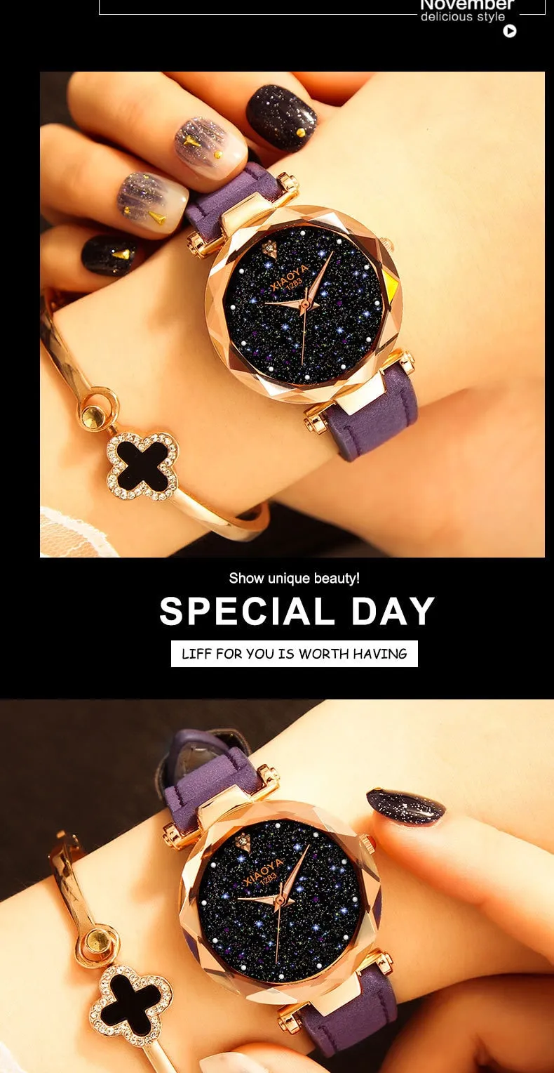 Bebe Kloss Luxury Starry Sky Romantic Leather Rhinestone Designer Ladies Wrist Watch