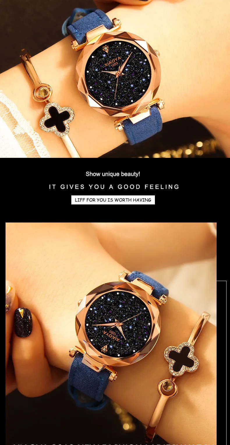 Bebe Kloss Luxury Starry Sky Romantic Leather Rhinestone Designer Ladies Wrist Watch