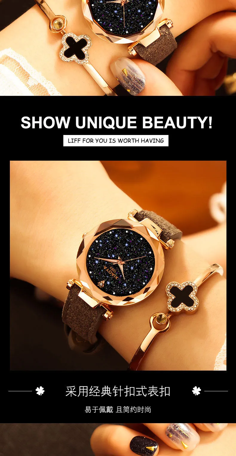 Bebe Kloss Luxury Starry Sky Romantic Leather Rhinestone Designer Ladies Wrist Watch