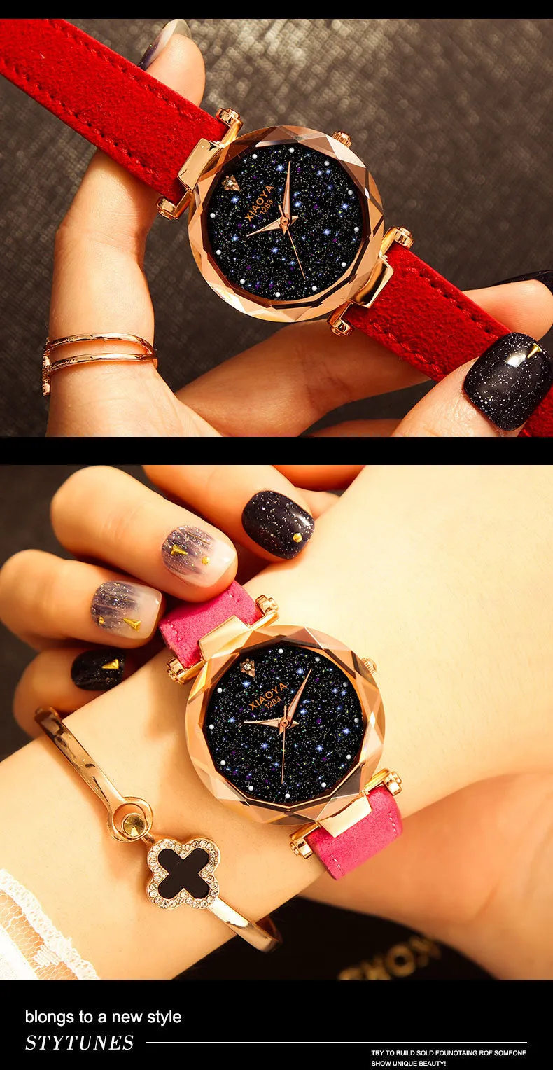 Bebe Kloss Luxury Starry Sky Romantic Leather Rhinestone Designer Ladies Wrist Watch