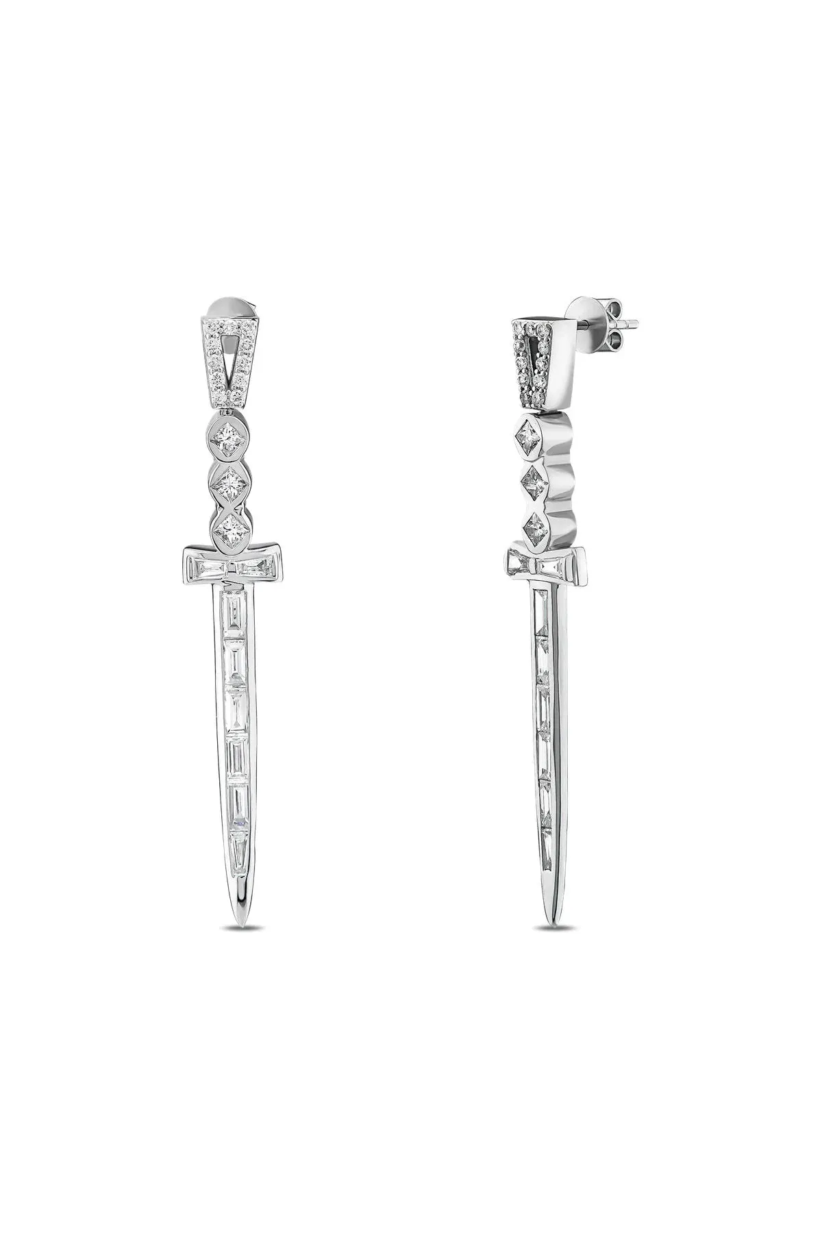BEE GODDESS | 18K WHITE GOLD DIAMOND SWORD EARRINGS