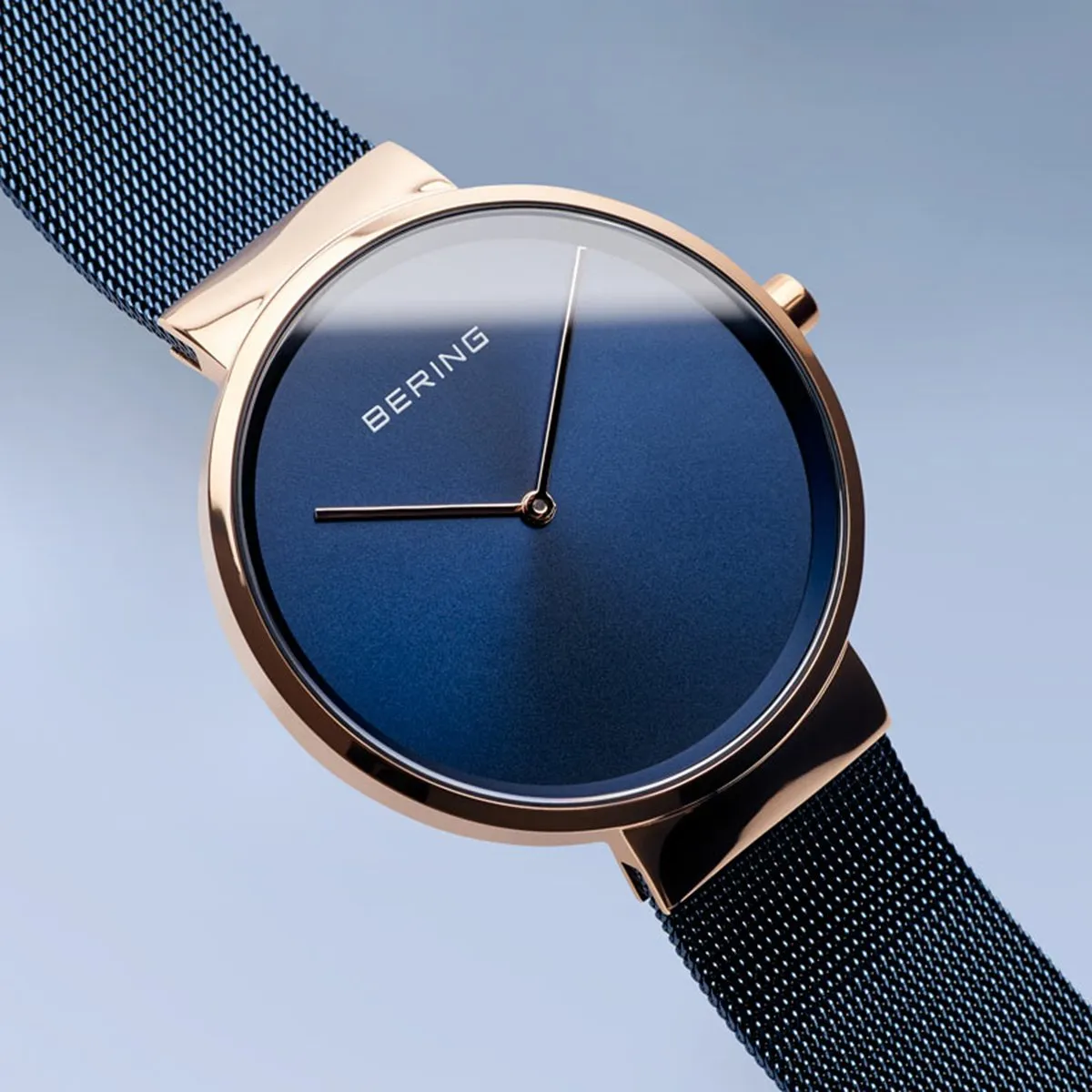 BERING Classic Polished Rose Gold Case Blue Mesh Band Unisex Watch 14539-367