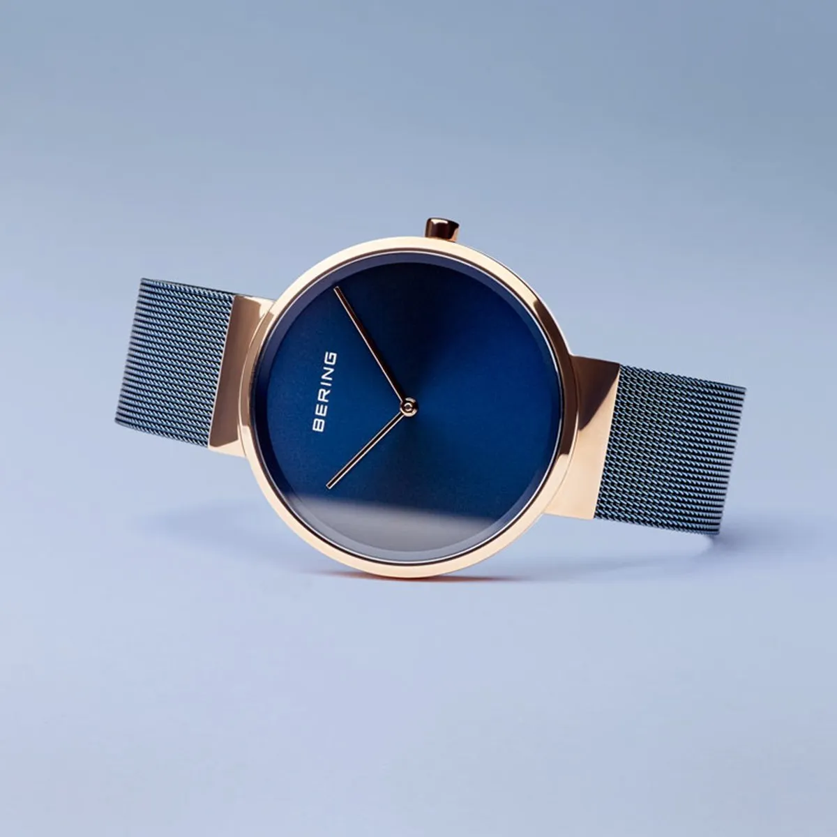 BERING Classic Polished Rose Gold Case Blue Mesh Band Unisex Watch 14539-367