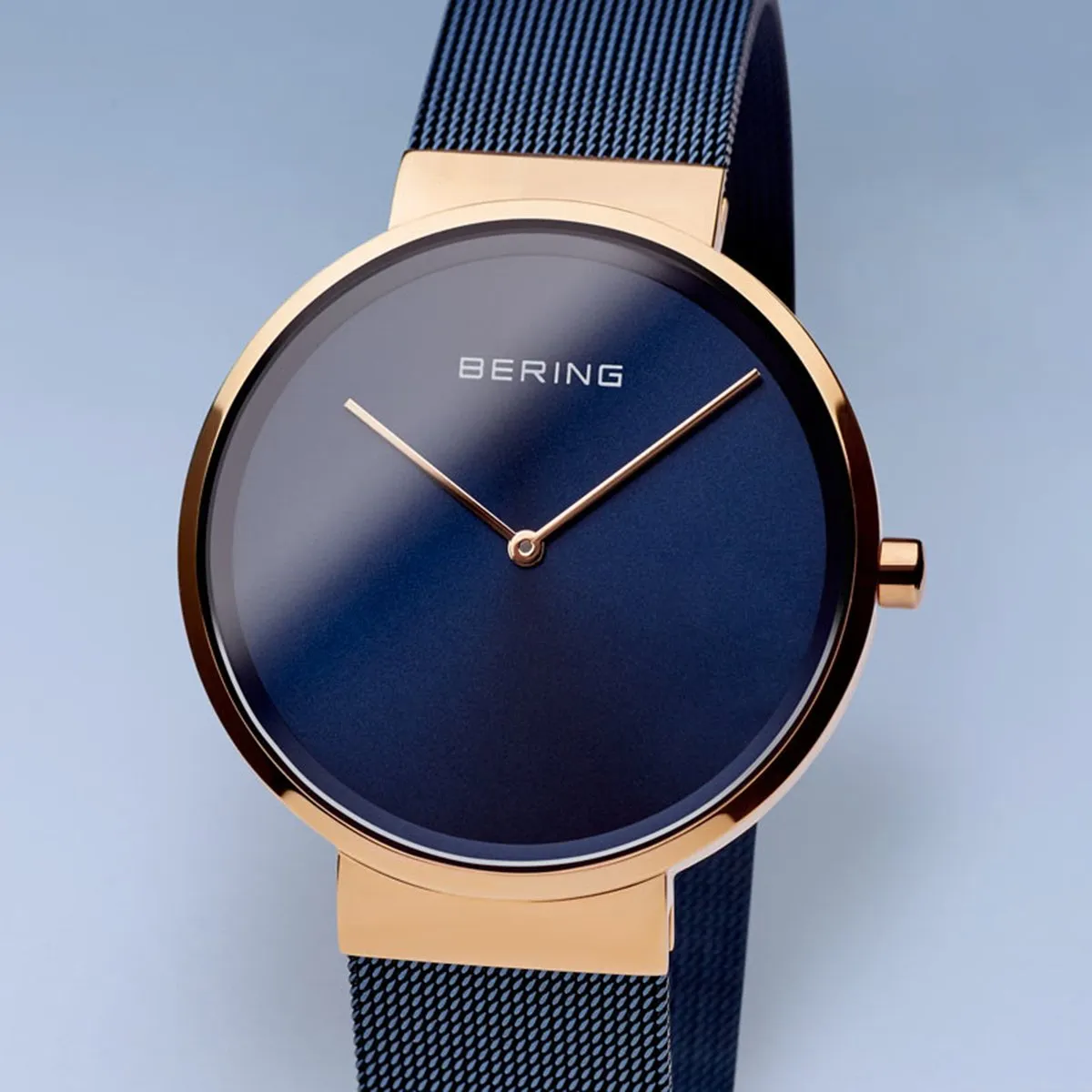 BERING Classic Polished Rose Gold Case Blue Mesh Band Unisex Watch 14539-367