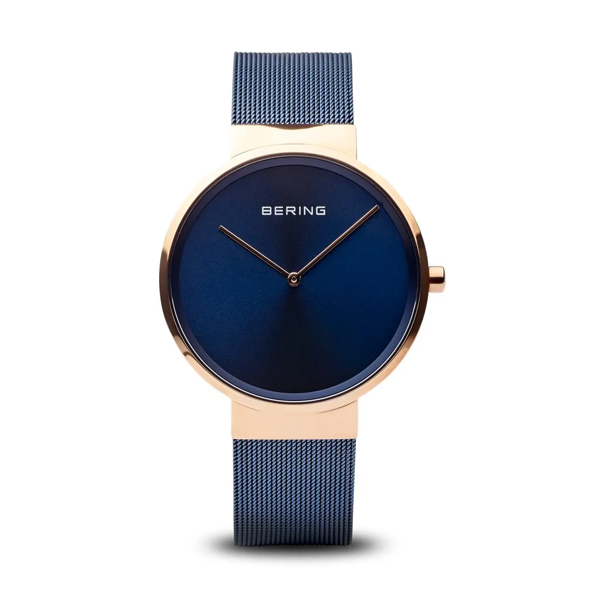 BERING Classic Polished Rose Gold Case Blue Mesh Band Unisex Watch 14539-367