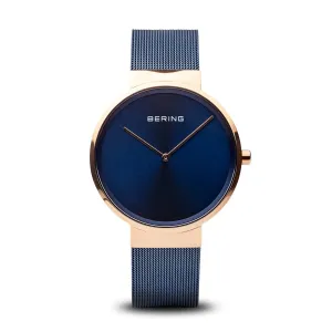 BERING Classic Polished Rose Gold Case Blue Mesh Band Unisex Watch 14539-367