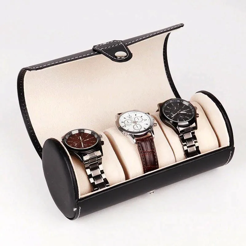 Black Leather Watch Roll (3 watches)