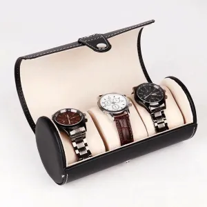 Black Leather Watch Roll (3 watches)