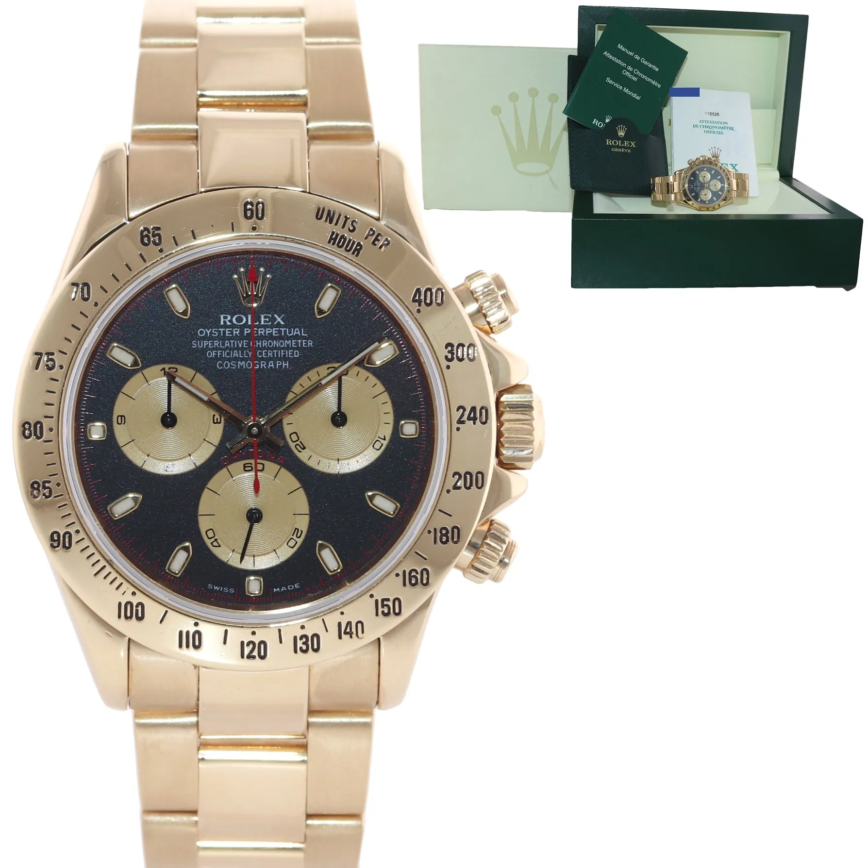 BOX & PAPERS Rolex Daytona 116528 Paul Newman Black Chrono Yellow Gold Watch