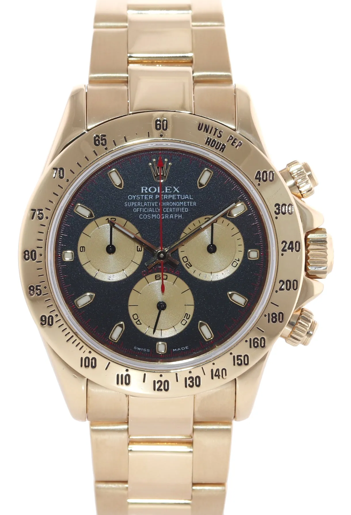 BOX & PAPERS Rolex Daytona 116528 Paul Newman Black Chrono Yellow Gold Watch