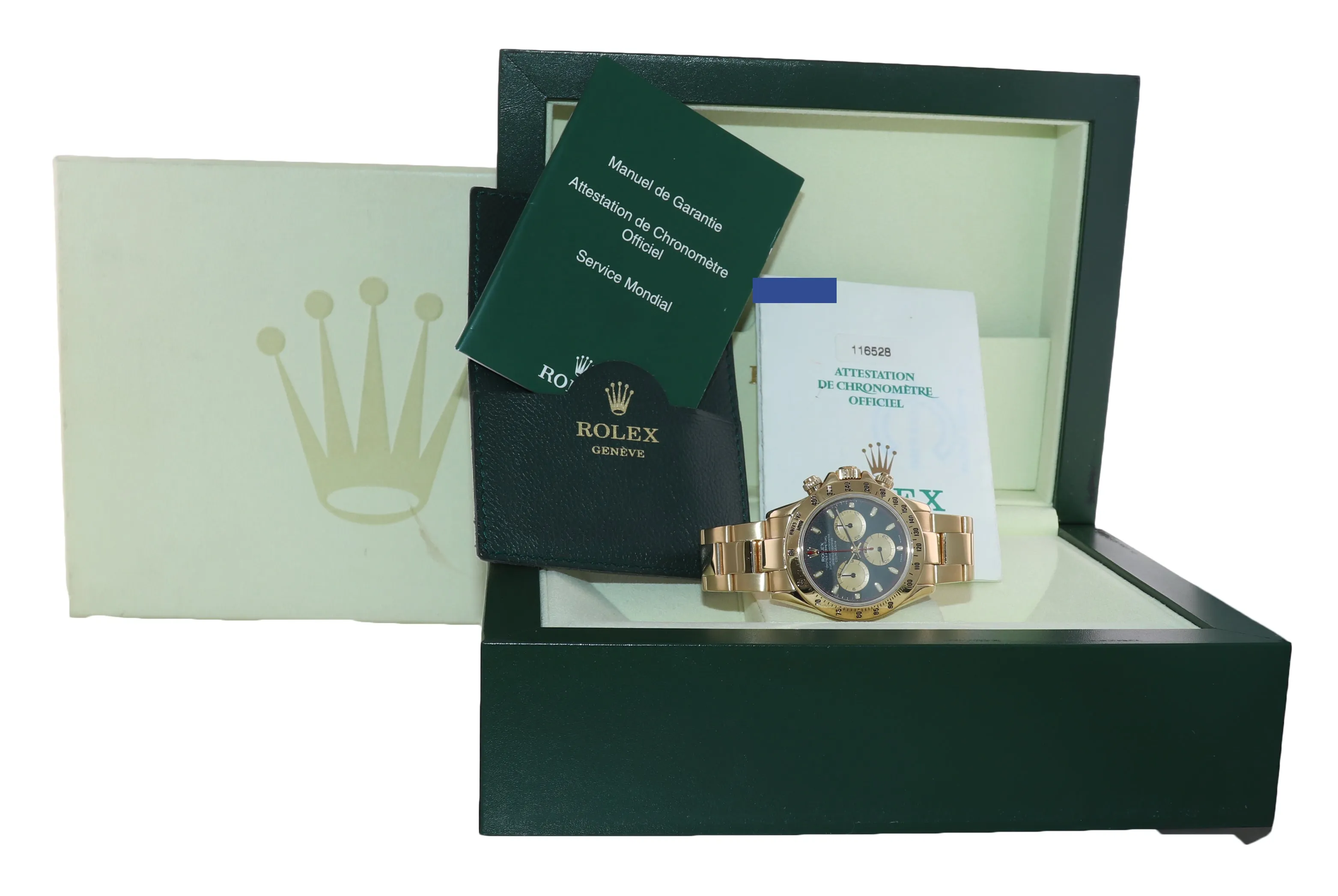 BOX & PAPERS Rolex Daytona 116528 Paul Newman Black Chrono Yellow Gold Watch