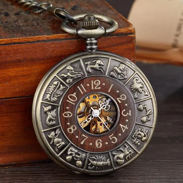Box Package Solid Wood Mechanical Pocket Watch FOB Chain Locket Dial Hollow Steampunk Skeleton Men Women Mens Male Clock Watches