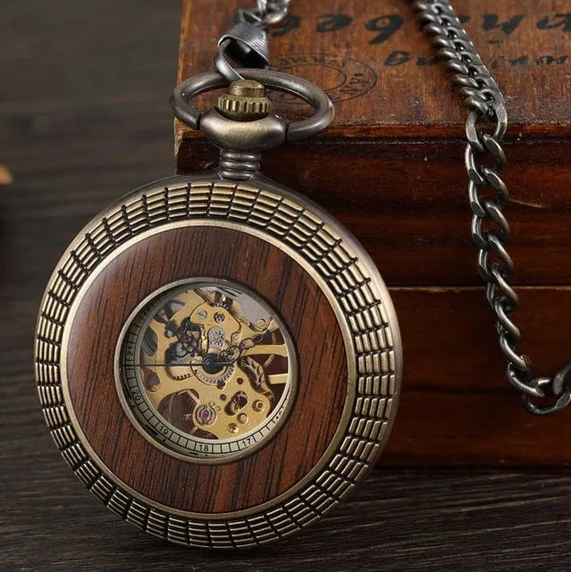 Box Package Solid Wood Mechanical Pocket Watch FOB Chain Locket Dial Hollow Steampunk Skeleton Men Women Mens Male Clock Watches