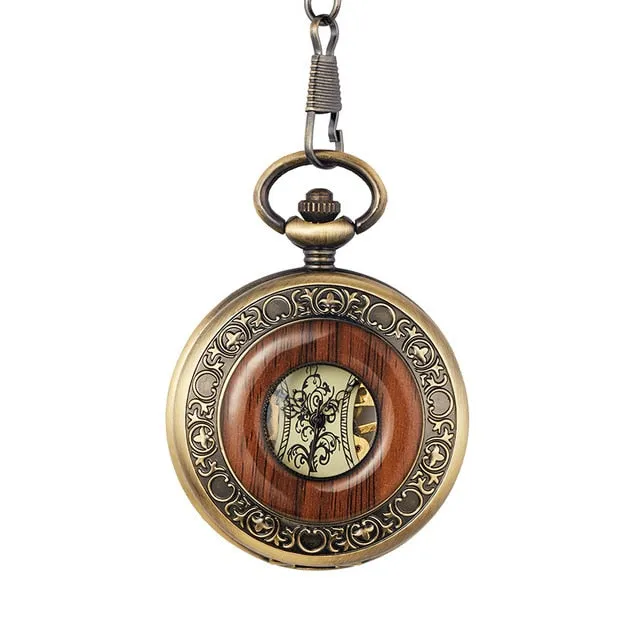 Box Package Solid Wood Mechanical Pocket Watch FOB Chain Locket Dial Hollow Steampunk Skeleton Men Women Mens Male Clock Watches