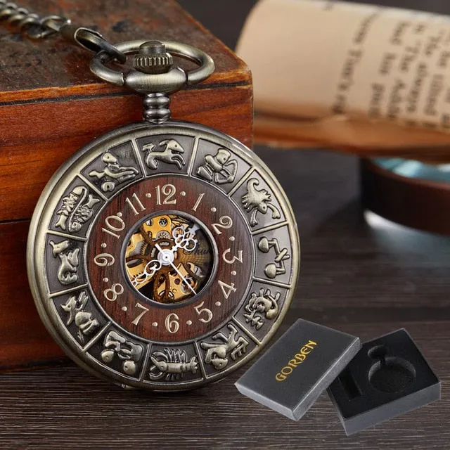 Box Package Solid Wood Mechanical Pocket Watch FOB Chain Locket Dial Hollow Steampunk Skeleton Men Women Mens Male Clock Watches