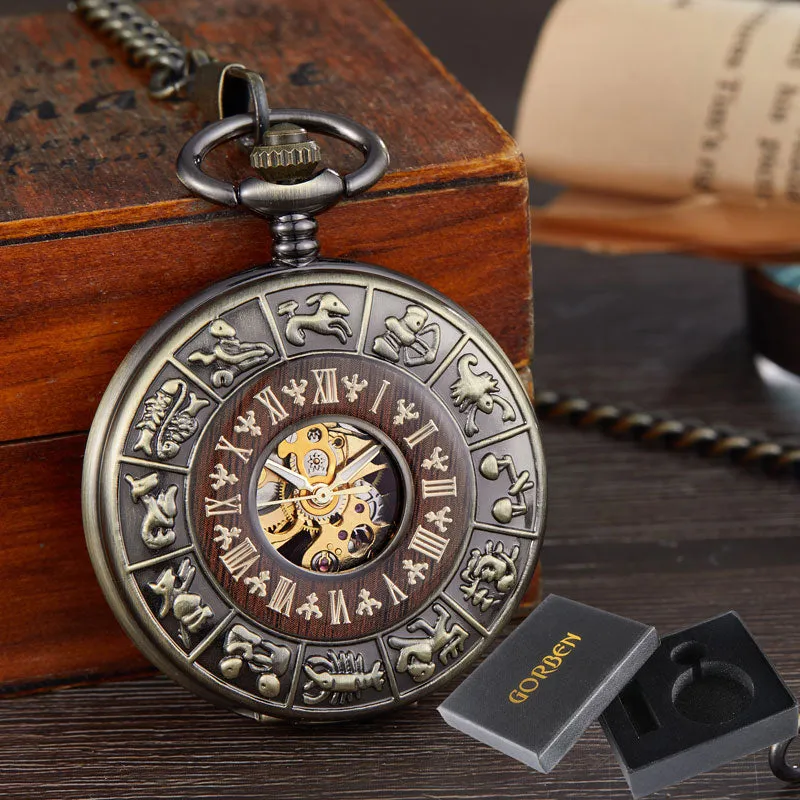 Box Package Solid Wood Mechanical Pocket Watch FOB Chain Locket Dial Hollow Steampunk Skeleton Men Women Mens Male Clock Watches