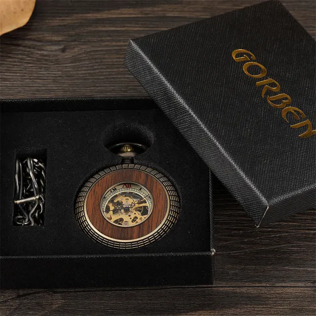 Box Package Solid Wood Mechanical Pocket Watch FOB Chain Locket Dial Hollow Steampunk Skeleton Men Women Mens Male Clock Watches