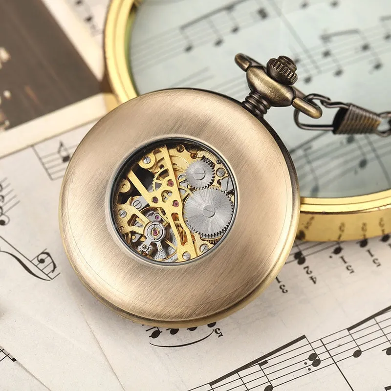 Box Package Solid Wood Mechanical Pocket Watch FOB Chain Locket Dial Hollow Steampunk Skeleton Men Women Mens Male Clock Watches