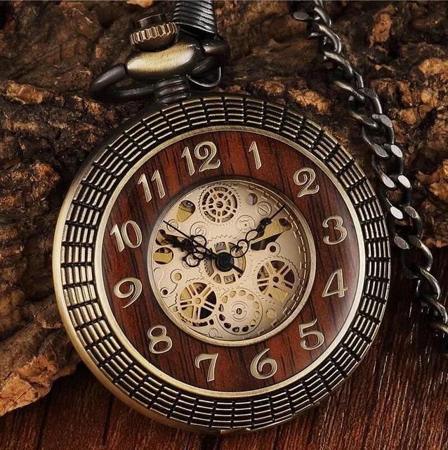 Box Package Solid Wood Mechanical Pocket Watch FOB Chain Locket Dial Hollow Steampunk Skeleton Men Women Mens Male Clock Watches
