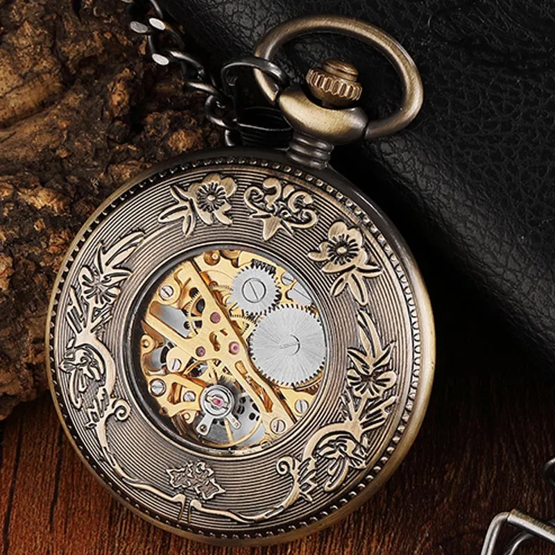 Box Package Solid Wood Mechanical Pocket Watch FOB Chain Locket Dial Hollow Steampunk Skeleton Men Women Mens Male Clock Watches