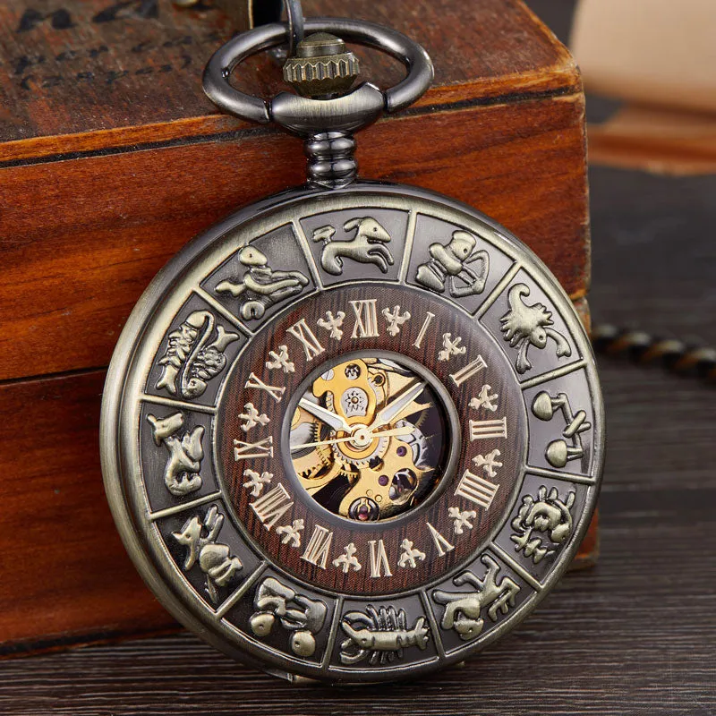Box Package Solid Wood Mechanical Pocket Watch FOB Chain Locket Dial Hollow Steampunk Skeleton Men Women Mens Male Clock Watches