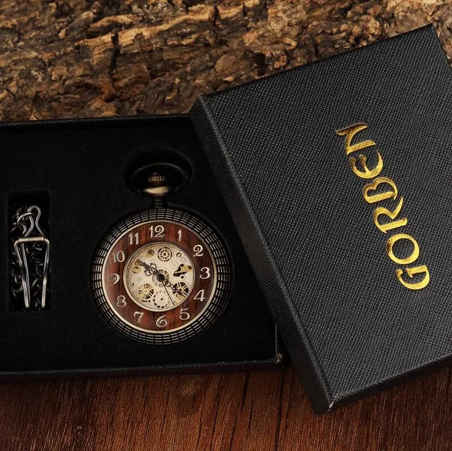 Box Package Solid Wood Mechanical Pocket Watch FOB Chain Locket Dial Hollow Steampunk Skeleton Men Women Mens Male Clock Watches
