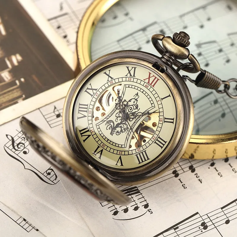 Box Package Solid Wood Mechanical Pocket Watch FOB Chain Locket Dial Hollow Steampunk Skeleton Men Women Mens Male Clock Watches