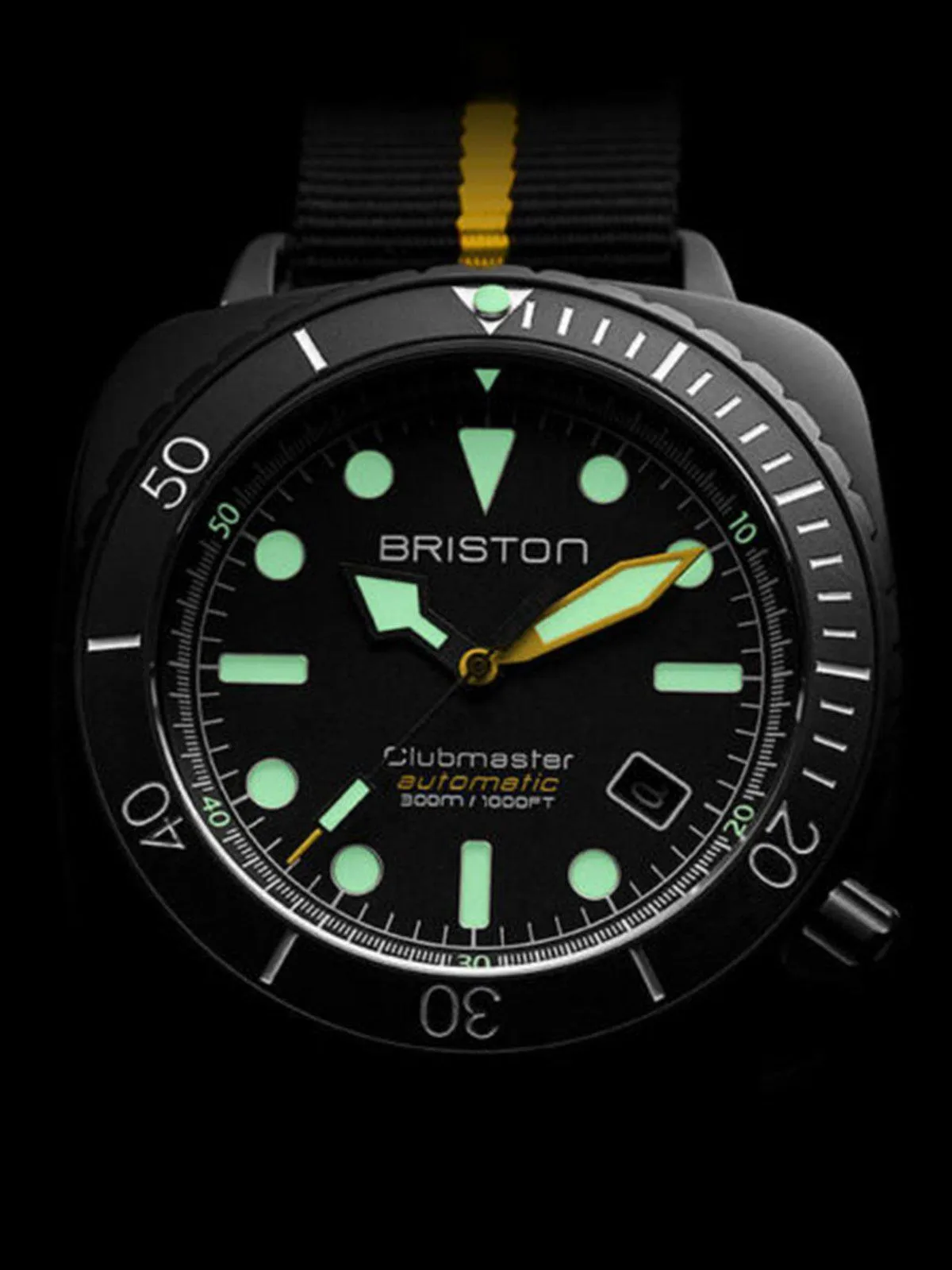Briston Clubmaster Diver Pro Automatic Acetate Black Yellow Nato Strap 44mm