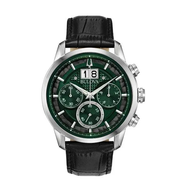 Bulova Sutton Mens Chronograph Stainless Steel Green Dial Black Leather Strap Watch