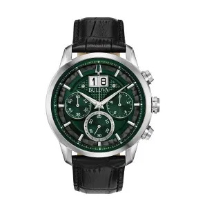Bulova Sutton Mens Chronograph Stainless Steel Green Dial Black Leather Strap Watch