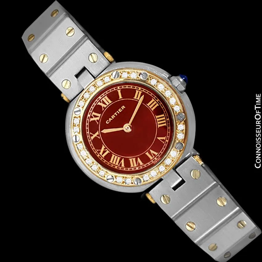 Cartier Santos Vendome Ladies Quartz Watch with Wine Dial - Stainless Steel, 18K Gold & Diamonds
