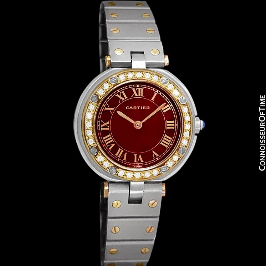 Cartier Santos Vendome Ladies Quartz Watch with Wine Dial - Stainless Steel, 18K Gold & Diamonds