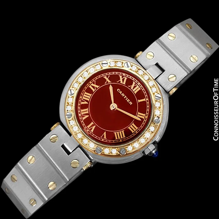 Cartier Santos Vendome Ladies Quartz Watch with Wine Dial - Stainless Steel, 18K Gold & Diamonds