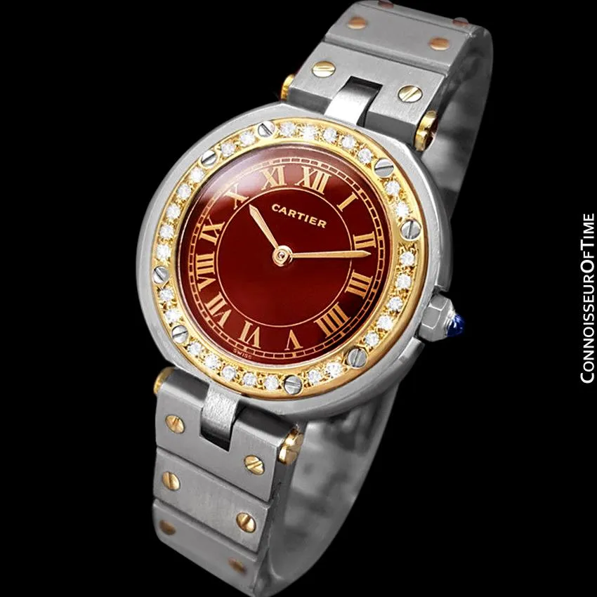 Cartier Santos Vendome Ladies Quartz Watch with Wine Dial - Stainless Steel, 18K Gold & Diamonds
