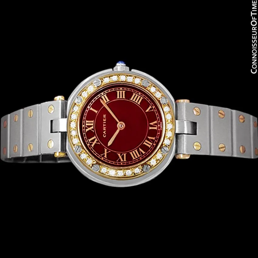 Cartier Santos Vendome Ladies Quartz Watch with Wine Dial - Stainless Steel, 18K Gold & Diamonds