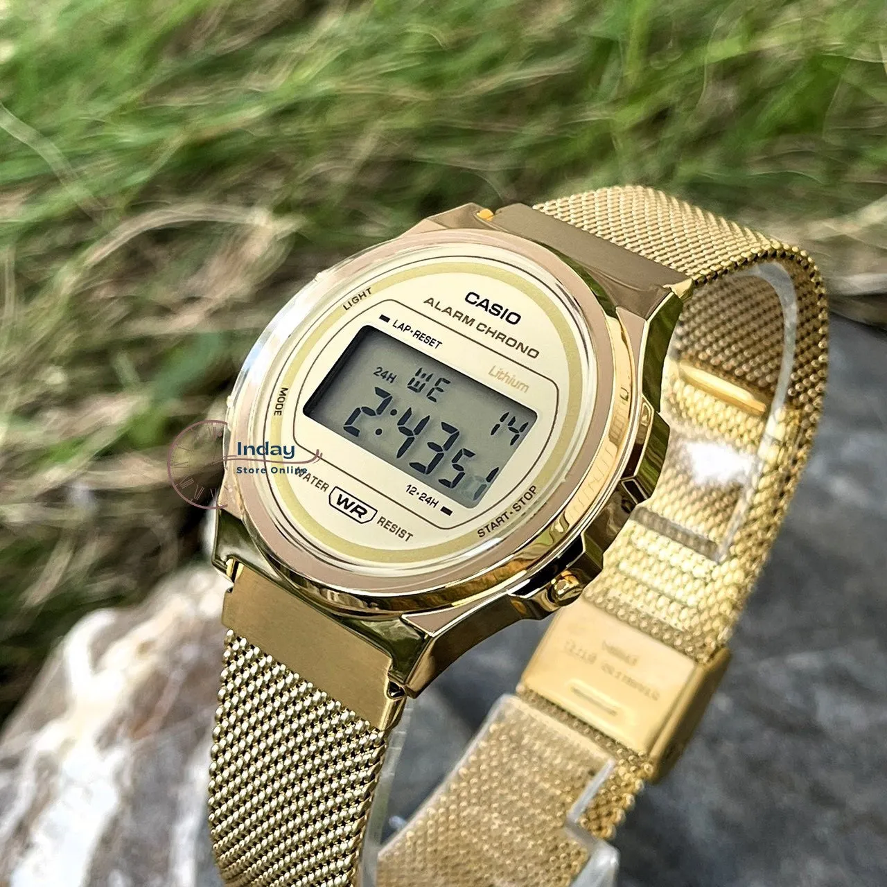 Casio Women's Watch A171WEMG-9A Stainless Steel Mesh Band Adjustable Clasp Battery Life: 7 years