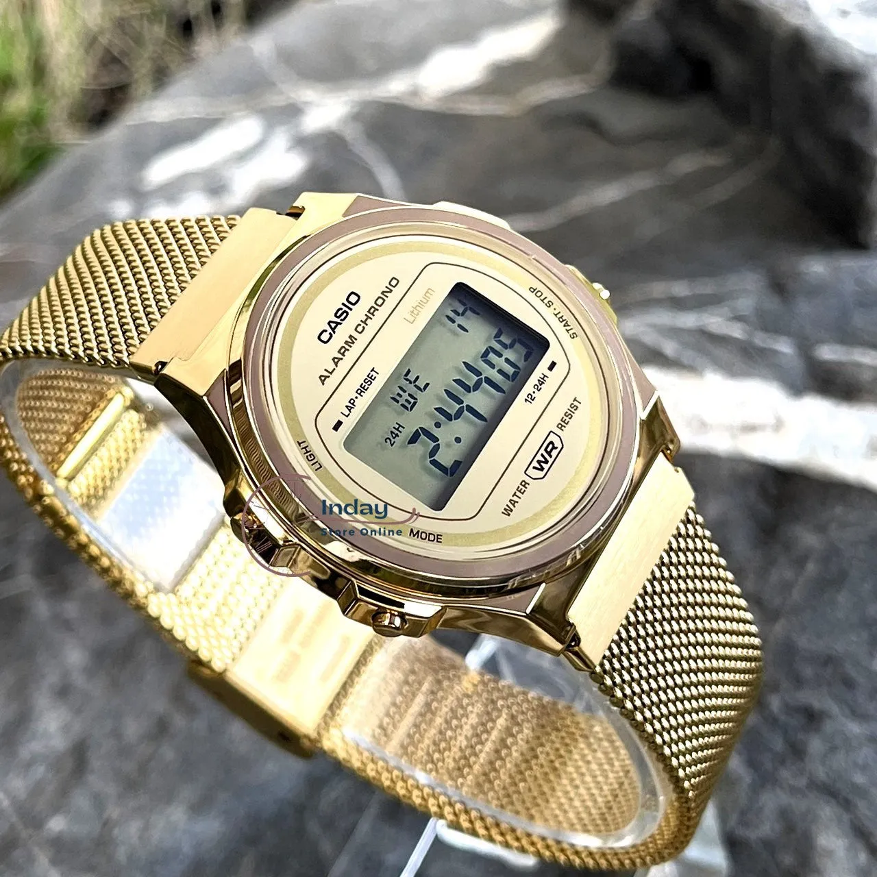Casio Women's Watch A171WEMG-9A Stainless Steel Mesh Band Adjustable Clasp Battery Life: 7 years