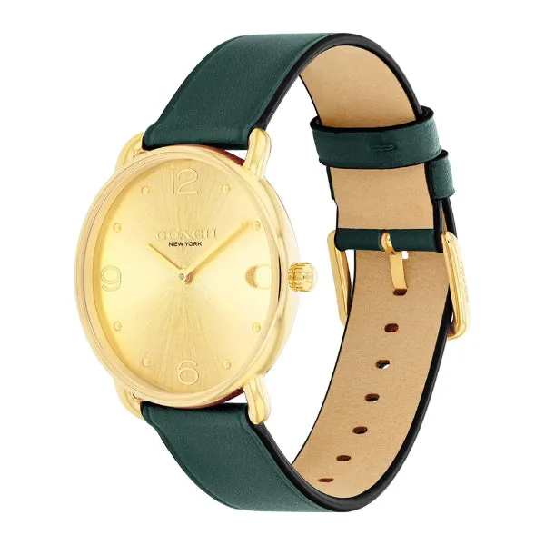Coach Elliot Green Leather Strap Gold Dial Quartz Watch for Ladies - 14504202