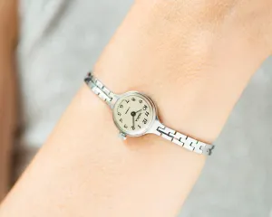 Cocktail watch for women Seagull vintage, mint condition silver shade lady wristwatch, minimalist jewelry tiny bracelet chic gift girlfriend