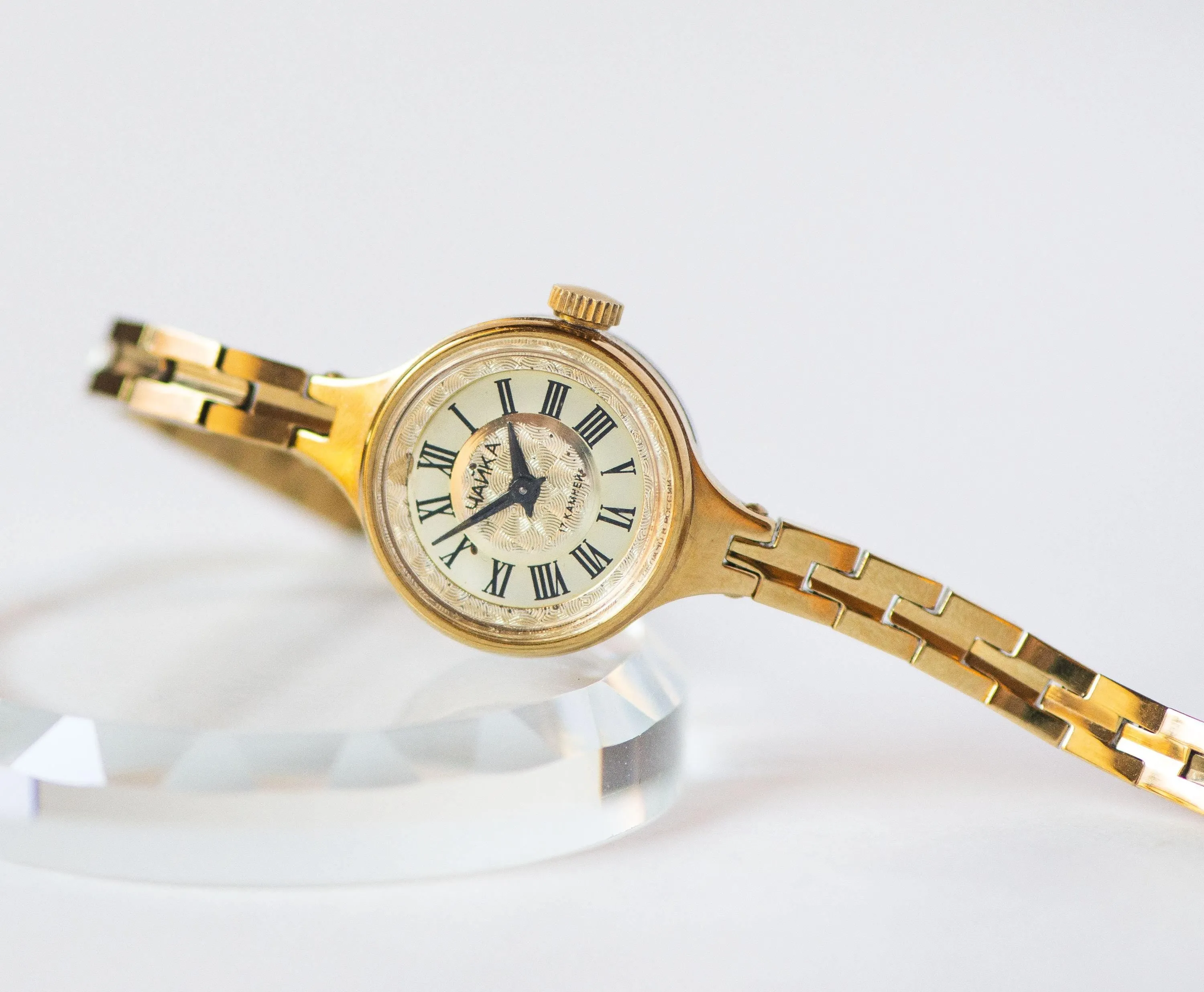 Cocktail watch for women tiny bracelet vintage Seagull, gold shade watch yellow dial Roman numerals retro chic wristwatch lady jewelry gift