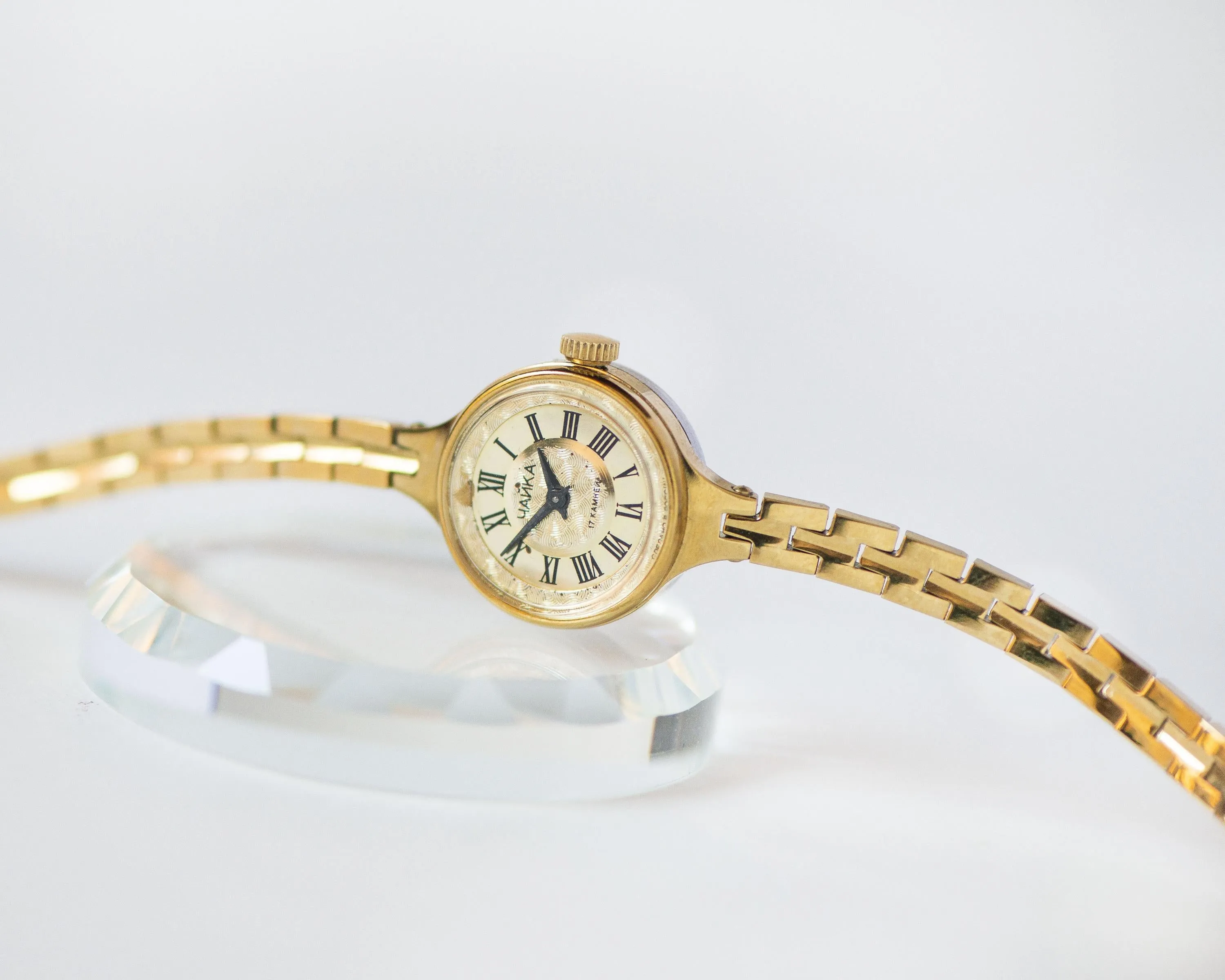 Cocktail watch for women tiny bracelet vintage Seagull, gold shade watch yellow dial Roman numerals retro chic wristwatch lady jewelry gift