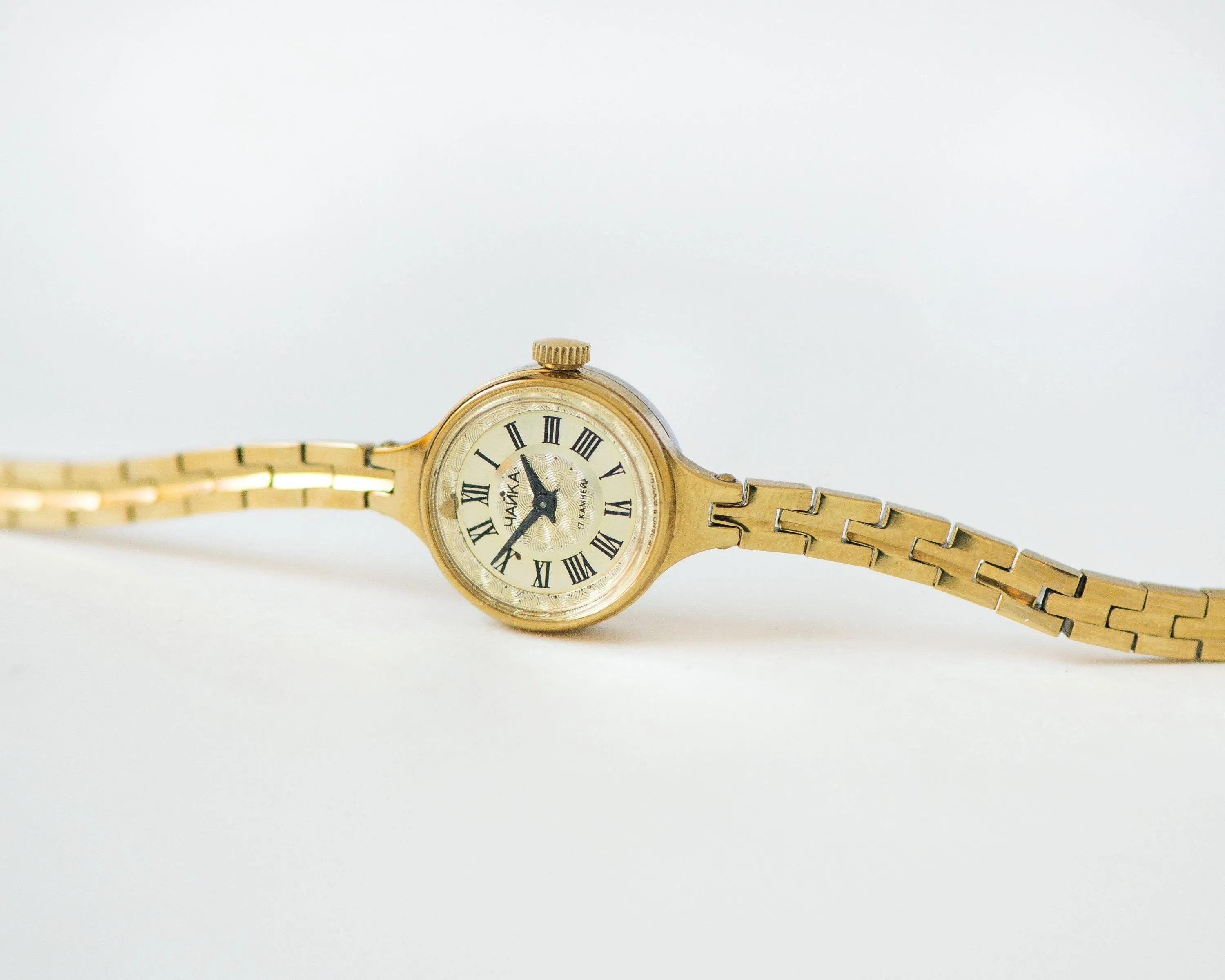 Cocktail watch for women tiny bracelet vintage Seagull, gold shade watch yellow dial Roman numerals retro chic wristwatch lady jewelry gift