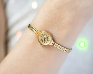 Cocktail watch for women tiny bracelet vintage Seagull, gold shade watch yellow dial Roman numerals retro chic wristwatch lady jewelry gift