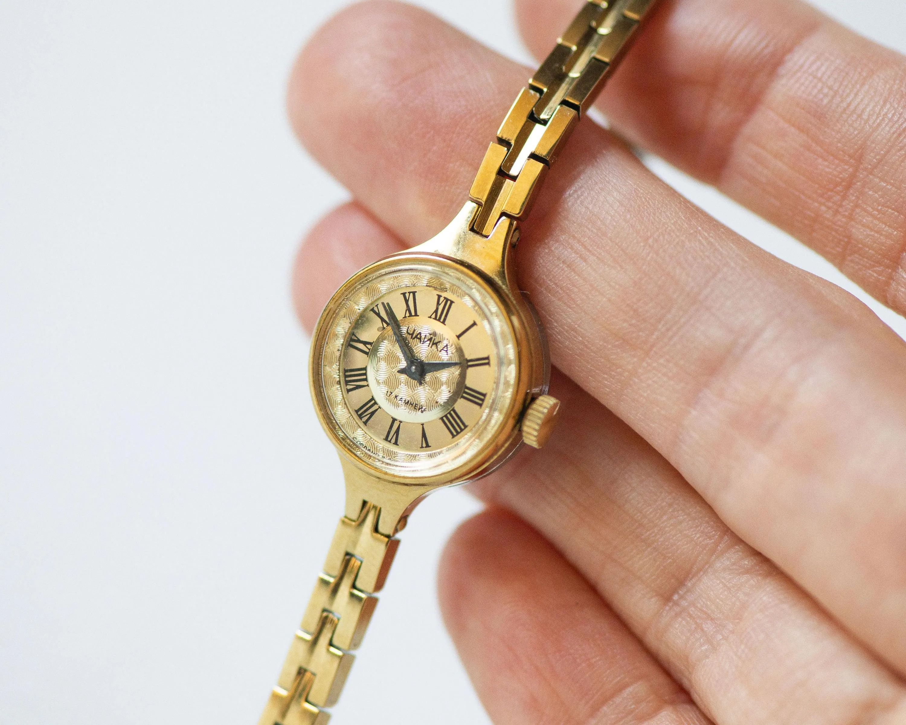 Cocktail watch for women tiny bracelet vintage Seagull, gold shade watch yellow dial Roman numerals retro chic wristwatch lady jewelry gift