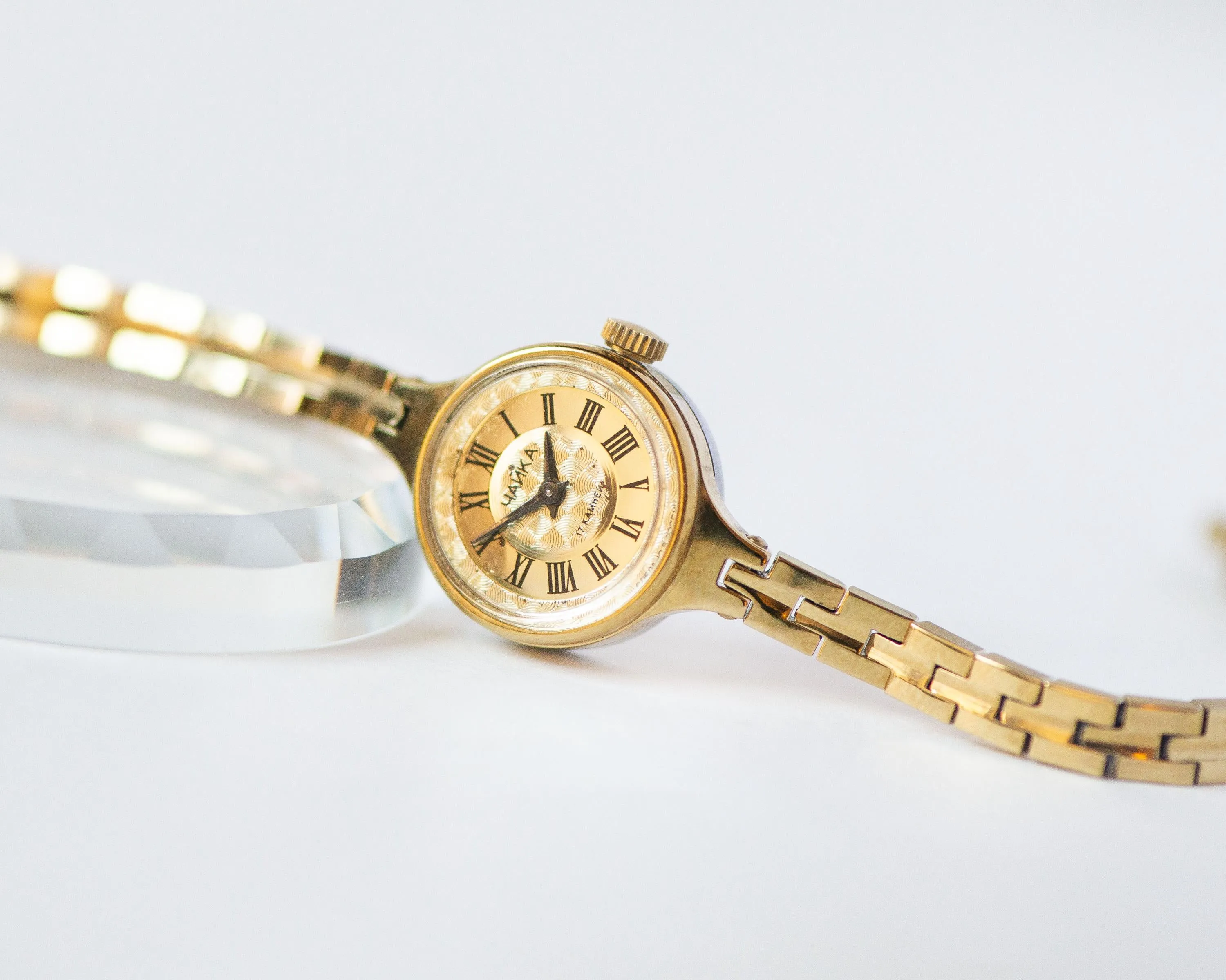 Cocktail watch for women tiny bracelet vintage Seagull, gold shade watch yellow dial Roman numerals retro chic wristwatch lady jewelry gift