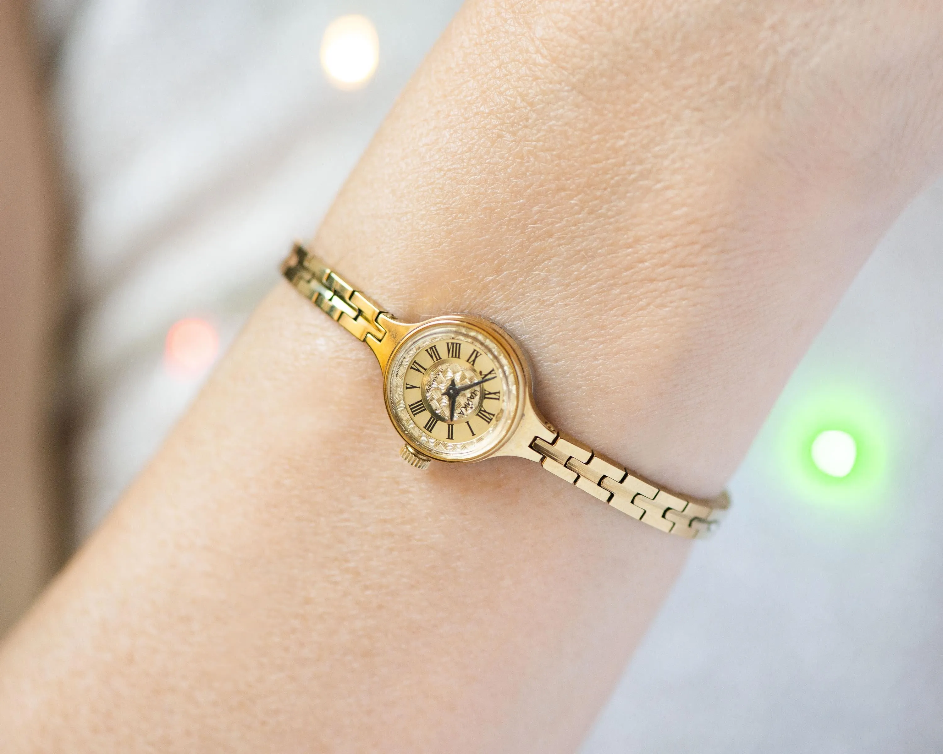 Cocktail watch for women tiny bracelet vintage Seagull, gold shade watch yellow dial Roman numerals retro chic wristwatch lady jewelry gift