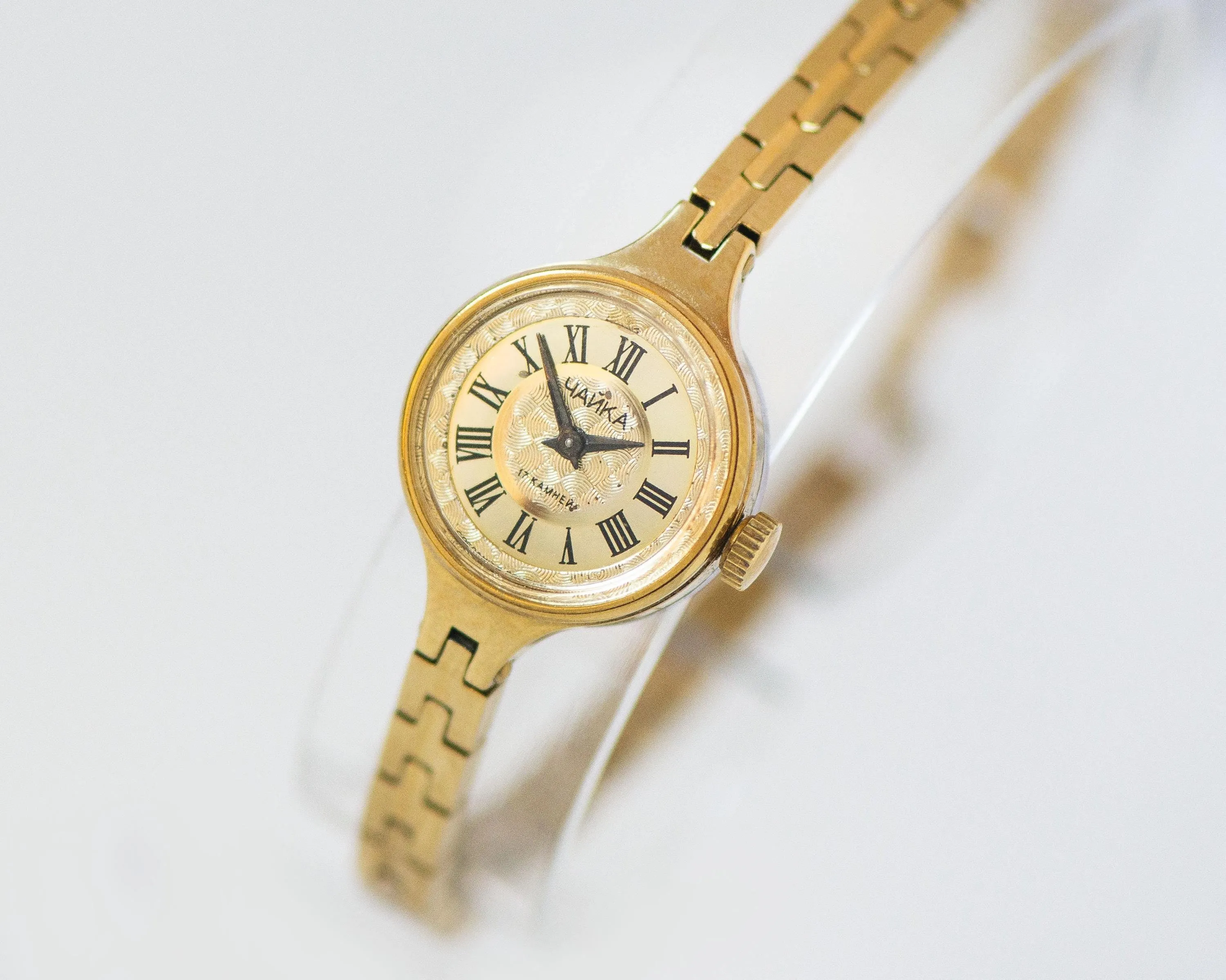 Cocktail watch for women tiny bracelet vintage Seagull, gold shade watch yellow dial Roman numerals retro chic wristwatch lady jewelry gift